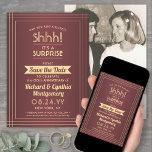 1 Photo Anniversary Surprise Party Burgundy & Gold Save The Date<br><div class="desc">Can you keep a secret? Invite family and friends to an elegant and exciting surprise anniversary party with custom photo burgundy and gold save the date invitations. Picture and all wording on this template are simple to personalize, including message that reads "Shhh! It's a SURPRISE." The design features a modern...</div>
