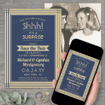 1 Photo Anniversary Surprise Party Navy Blue Gold Save The Date<br><div class="desc">Can you keep a secret? Invite family and friends to an elegant and exciting surprise anniversary party with custom photo navy blue and gold save the date invitations. Picture and all wording on this template are simple to personalize, including message that reads "Shhh! It's a SURPRISE." The design features a...</div>