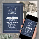 1 Photo Anniversary Surprise Party Navy Blue White Save The Date<br><div class="desc">Can you keep a secret? Invite family and friends to an elegant and exciting surprise anniversary party with custom photo navy blue and white save the date invitations. Picture and all wording on this template are simple to personalize, including message that reads "Shhh! It's a SURPRISE." The design features a...</div>