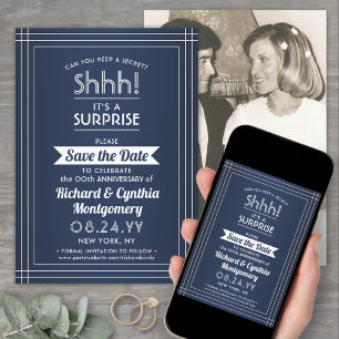 1 Photo Anniversary Surprise Party Navy Blue White Save The Date