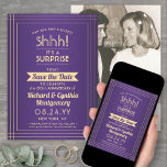 1 Photo Anniversary Surprise Party Purple and Gold Save The Date<br><div class="desc">Can you keep a secret? Invite family and friends to an elegant and exciting surprise anniversary party with custom photo purple and gold save the date invitations. Picture and all wording on this template are simple to personalize, including message that reads "Shhh! It's a SURPRISE." The design features a modern...</div>