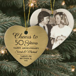 1 Photo ANY Anniversary Cheers Black & Gold Heart Ceramic Ornament<br><div class="desc">Cheers and Happy Anniversary! Celebrate any year wedding anniversary with a custom photo black and gold heart-shaped ceramic ornament. Picture, number of years, couple's names, and marriage date on this template are all simple to personalize. Design features a gold faux brushed metallic background, vintage art deco style typography, elegant script...</div>