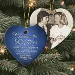 1 Photo ANY Anniversary Cheers Blue and Gold Heart Ceramic Ornament<br><div class="desc">Cheers and Happy Anniversary! Celebrate any year wedding anniversary with a custom photo blue and gold heart-shaped ceramic ornament. Picture, number of years, couple's names, and marriage date on this template are all simple to personalize. Design features a navy blue faux brushed metallic background, vintage art deco style typography, elegant...</div>