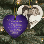 1 Photo ANY Anniversary Cheers Purple & Gold Heart Ceramic Ornament<br><div class="desc">Cheers and Happy Anniversary! Celebrate any year wedding anniversary with a custom photo purple and gold heart-shaped ceramic ornament. Picture, number of years, couple's names, and marriage date on this template are all simple to personalize. Design features a purple faux brushed metallic background, vintage art deco style typography, elegant script...</div>