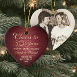 1 Photo ANY Anniversary Cheers Red and Gold Heart Ceramic Ornament<br><div class="desc">Cheers and Happy Anniversary! Celebrate any year wedding anniversary with a custom photo red and gold heart-shaped ceramic ornament. Picture, number of years, couple's names, and marriage date on this template are all simple to personalize. Design features a burgundy faux brushed metallic background, vintage art deco style typography, elegant script...</div>