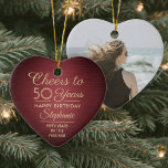 1 Photo ANY Birthday Brushed Burgundy & Gold Heart Ceramic Ornament<br><div class="desc">Cheers and Happy Birthday! Celebrate a joyful milestone birthday with a custom photo heart shaped burgundy and gold ceramic ornament. All wording on this template (including "Cheers to 50 Years") is set up for a 50th birthday, but is simple to personalize for any year or event type. Design features a...</div>