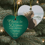 1 Photo ANY Birthday Brushed Green and Gold Heart Ceramic Ornament<br><div class="desc">Cheers and Happy Birthday! Celebrate a joyful milestone birthday with a custom photo heart shaped green and gold ceramic ornament. All wording on this template (including "Cheers to 50 Years") is set up for a 50th birthday, but is simple to personalize for any year or event type. Design features a...</div>