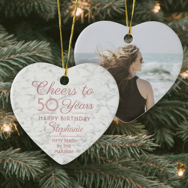 1 Photo ANY Birthday Pink White Faux Marble Heart Ceramic Ornament (Creator Uploaded)