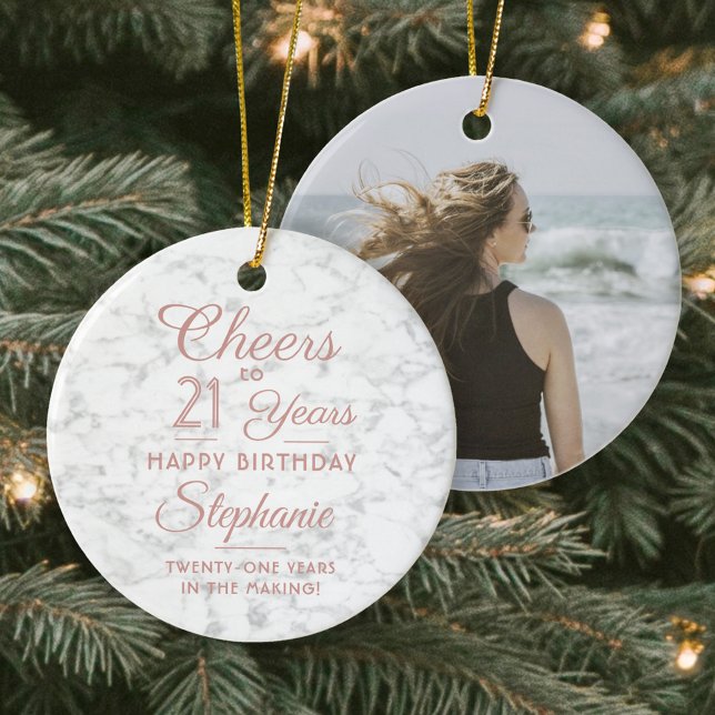 1 Photo ANY Birthday Pink White Faux Marble Round Ceramic Ornament (Creator Uploaded)