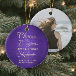 1 Photo Any Year Birthday Cheers Purple and Gold Ceramic Ornament