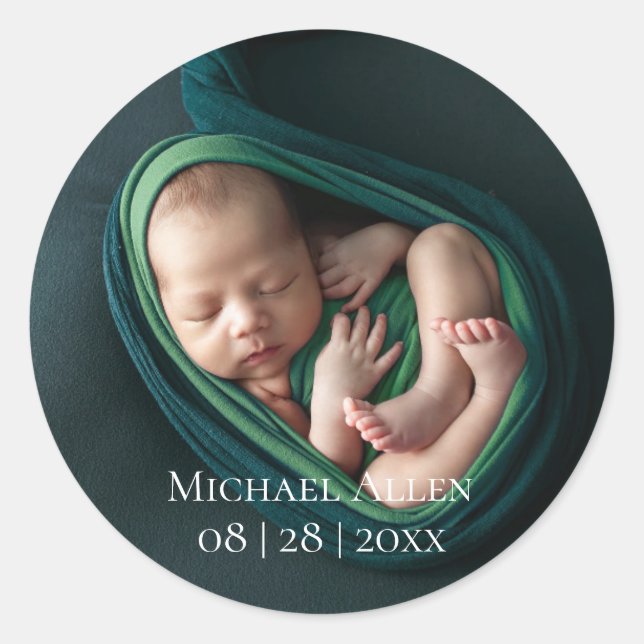 1 Photo Baby Birth Announcement Round Sticker (Front)