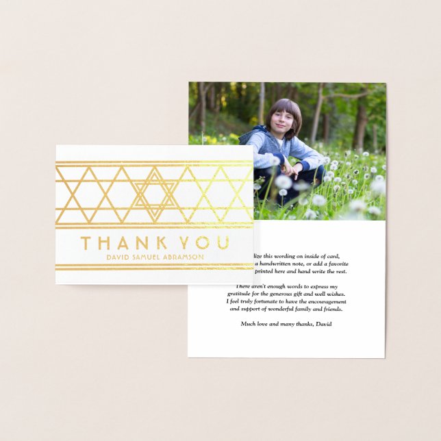 1 Photo Bar Mitzvah Thank You Star of David Gold Foil Card (Display)