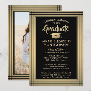 1 Photo Black and Gold Faux Foil Modern Graduation Invitation