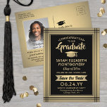 1 Photo Black Gold Modern Graduation Save the Date Announcement Postcard<br><div class="desc">Share the joyful news of an upcoming graduation party as well as one favourite photo with these modern black and gold save the date invitation postcards. All text is simple to customize. (IMAGE PLACEMENT TIP: An easy way to centre a photo exactly how you want is to crop it before...</div>