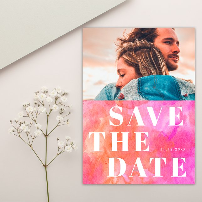 1 Photo Bold Typography Pink and Orange Wedding Save The Date (Front)