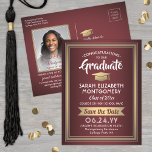 1 Photo Burgundy and Gold Graduation Save the Date Announcement Postcard<br><div class="desc">Share the joyful news of your upcoming graduation party as well as a favourite picture with these elegant burgundy and faux gold foil save the date postcard invitations. Photo and all text are simple to customize. (IMAGE PLACEMENT TIP: An easy way to centre a photo exactly how you want is...</div>
