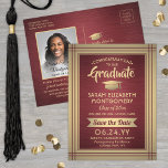 1 Photo Burgundy Red Gold Graduation Save the Date Announcement Postcard<br><div class="desc">Share the joyful news of an upcoming graduation party as well as one favourite photo with these modern burgundy and gold save the date invitation postcards. All text is simple to customize. (IMAGE PLACEMENT TIP: An easy way to centre a photo exactly how you want is to crop it before...</div>