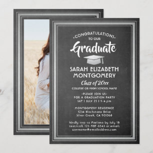 1 Photo Chalkboard Black White & Silver Graduation Invitation