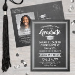 1 Photo Chalkboard Grey Graduation Save the Date Announcement Postcard<br><div class="desc">Share the joyful news of your upcoming graduation party as well as a favourite picture with these black faux chalkboard, white and silver save the date postcard invitations. Photo and all text are simple to customize. (IMAGE PLACEMENT TIP: An easy way to centre a photo exactly how you want is...</div>