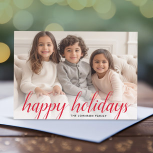 1 Photo Christmas Script Red Damask Happy Holiday Card