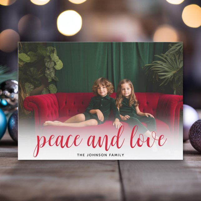 1 Photo Christmas Script Red Green Plaid Peace Holiday Card (Modern Christmas Photo Greeting Card)