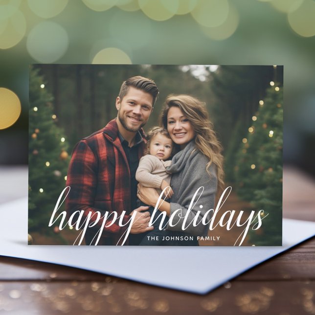 1 Photo Christmas Script White Damask Happy Holiday Card (A minimal design with script type over a full photo)