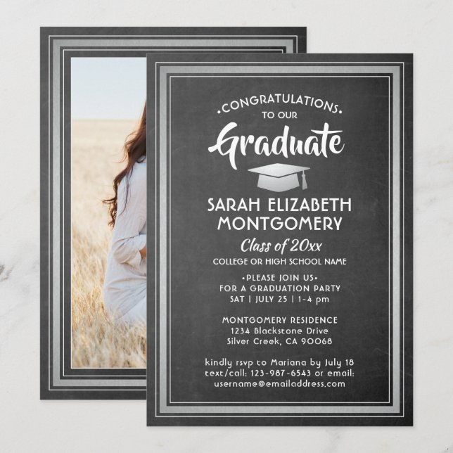 1 Photo Congratulations Chalkboard Grey Graduation Invitation (Front/Back)