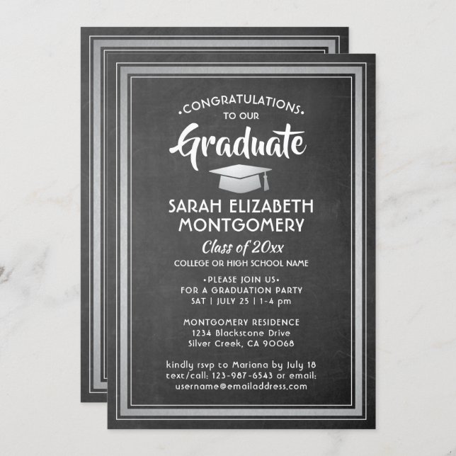 1 Photo Congratulations Chalkboard Grey Graduation Invitation (Front/Back)