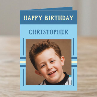 1 photo custom name blue birthday card
