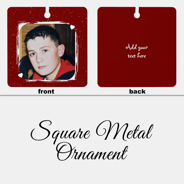 1 photo custom text keepsake burgundy metal ornament (Creator Uploaded)