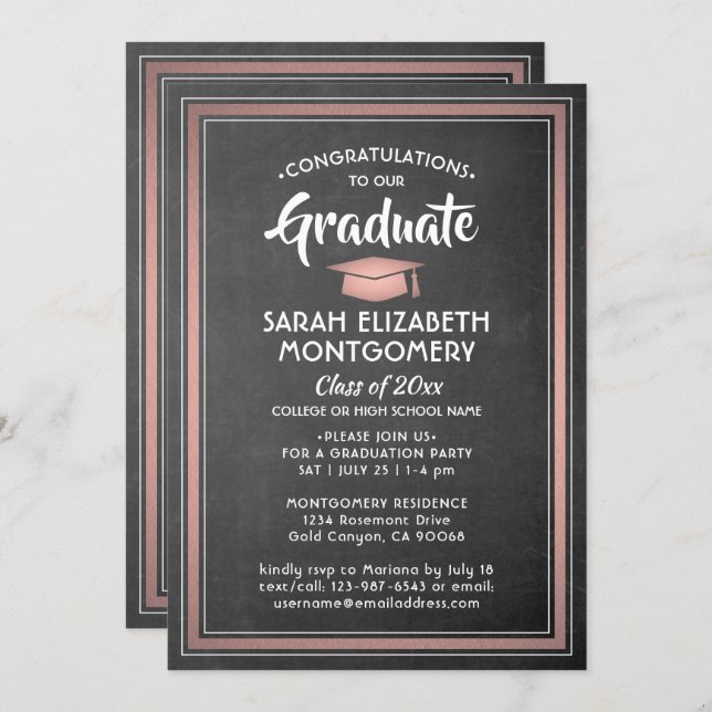 1 Photo Elegant Black Chalkboard & Pink Graduation Invitation (Front/Back)