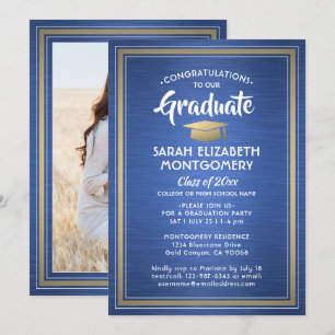 1 Photo Elegant Blue Gold and White Graduation Invitation