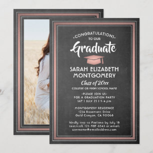 1 Photo Elegant Chalkboard & Rose Gold Graduation Invitation