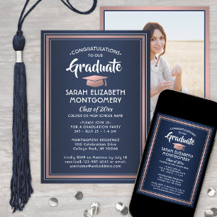 1 Photo Elegant Navy Blue and Pink Graduation Invitation