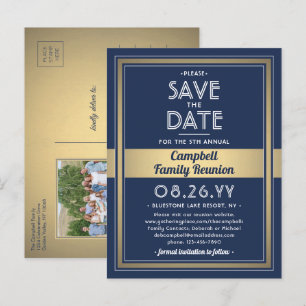 1 Photo Family Reunion Save the Date Blue and Gold Announcement Postcard