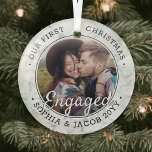 1 Photo First Christmas Engaged Faux Marble Round Glass Ornament<br><div class="desc">Celebrate the joyful 1st holiday of your engagement with a custom photo "Our First Christmas Engaged" round faux marble glass ornament. Picture and all text on this template are simple to personalize. If preferred, the script typography can read "Together" or "Married." (IMAGE & TEXT DESIGN TIPS: 1) To adjust position...</div>