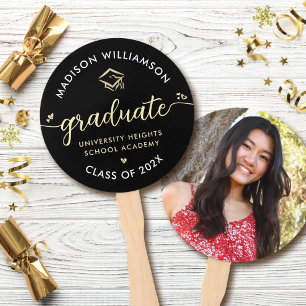 1 Photo Graduation Black Gold Script Hearts Cap Hand Fan