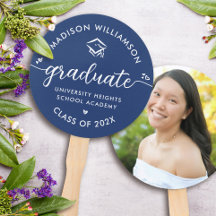 1 Photo Graduation Blue Modern Script Hearts Cap