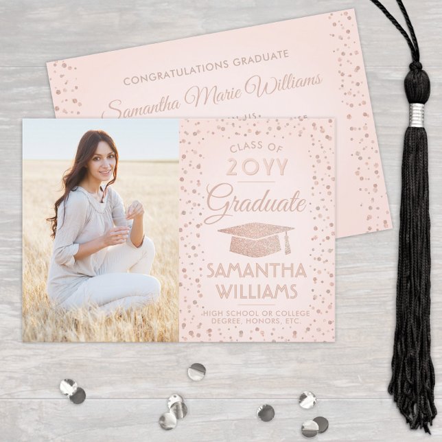 1 Photo Graduation Blush Pink & Rose Gold Glitter Invitation (Creator Uploaded)