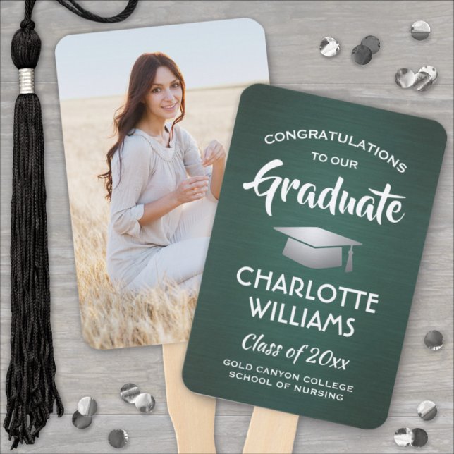 1 Photo Graduation Brushed Dark Green White Silver Hand Fan (Creator Uploaded)