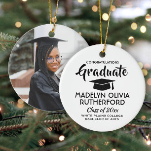 1 Photo Graduation Congrats Simple Black and White Ceramic Ornament