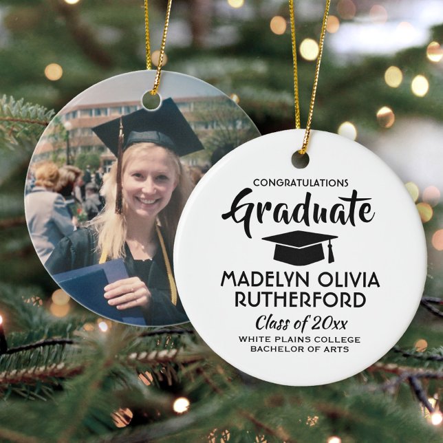 1 Photo Graduation Congrats Simple Black and White Ceramic Ornament (Creator Uploaded)