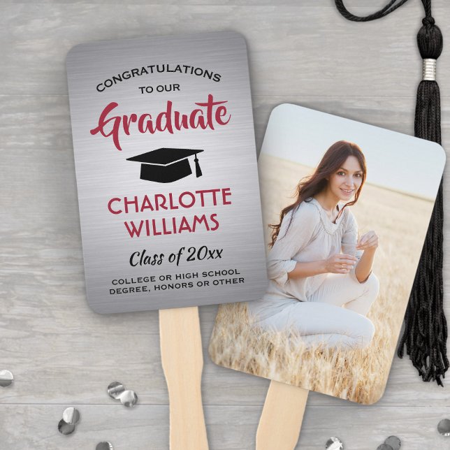 1 Photo Graduation Elegant Brushed Grey Red Black Hand Fan (Creator Uploaded)