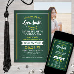 1 Photo Graduation Elegant Green & Gold Yellow Save The Date<br><div class="desc">Share the joyful news of an upcoming graduation party with custom photo green and gold save the date invitations. The picture and wording on this template are simple to personalize with graduate name, class year and other announcement details of your choice. The design features an elegant modern border, stylish calligraphy,...</div>