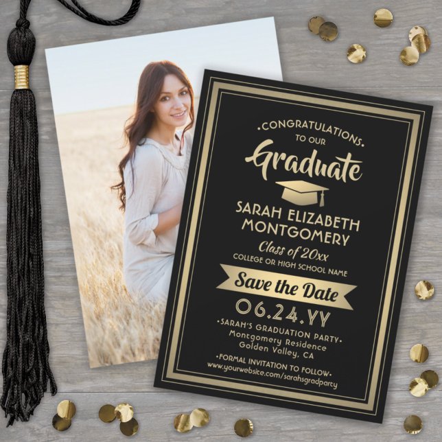 1 Photo Graduation Elegant Modern Black and Gold Save The Date (Creator Uploaded)
