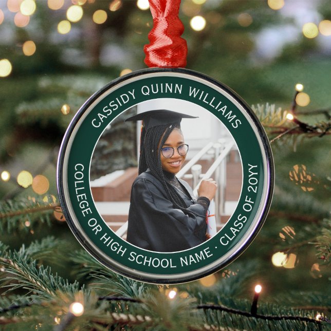 1 Photo Graduation Elegant Modern Dark Green White Metal Ornament (Creator Uploaded)