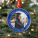 1 Photo Graduation Elegant Modern Royal Blue White Metal Ornament<br><div class="desc">Congratulations to the graduate! Commemorate graduation day with a custom photo royal blue and white premium metal round Christmas ornament. The picture and all text on this template are simple to customize. (IMAGE PLACEMENT TIP: Any easy way to position a photo exactly how you want is to crop it before...</div>