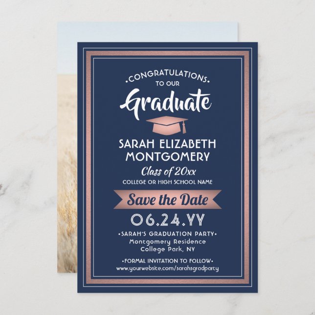 1 Photo Graduation Elegant Navy Blue and Pink Save The Date (Front/Back)