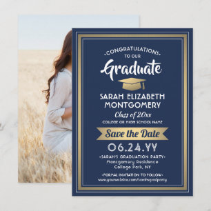 1 Photo Graduation Elegant Navy Blue White & Gold Save The Date