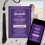 1 Photo Graduation Elegant Purple & Gold Yellow Save The Date<br><div class="desc">Share the joyful news of your upcoming graduation party as well as a favourite picture with these elegant purple, white and yellow gold save the date invitations. Photo and all text are simple to customize. Design features handwritten style script calligraphy, modern typography graduate name, class year & school, and one...</div>